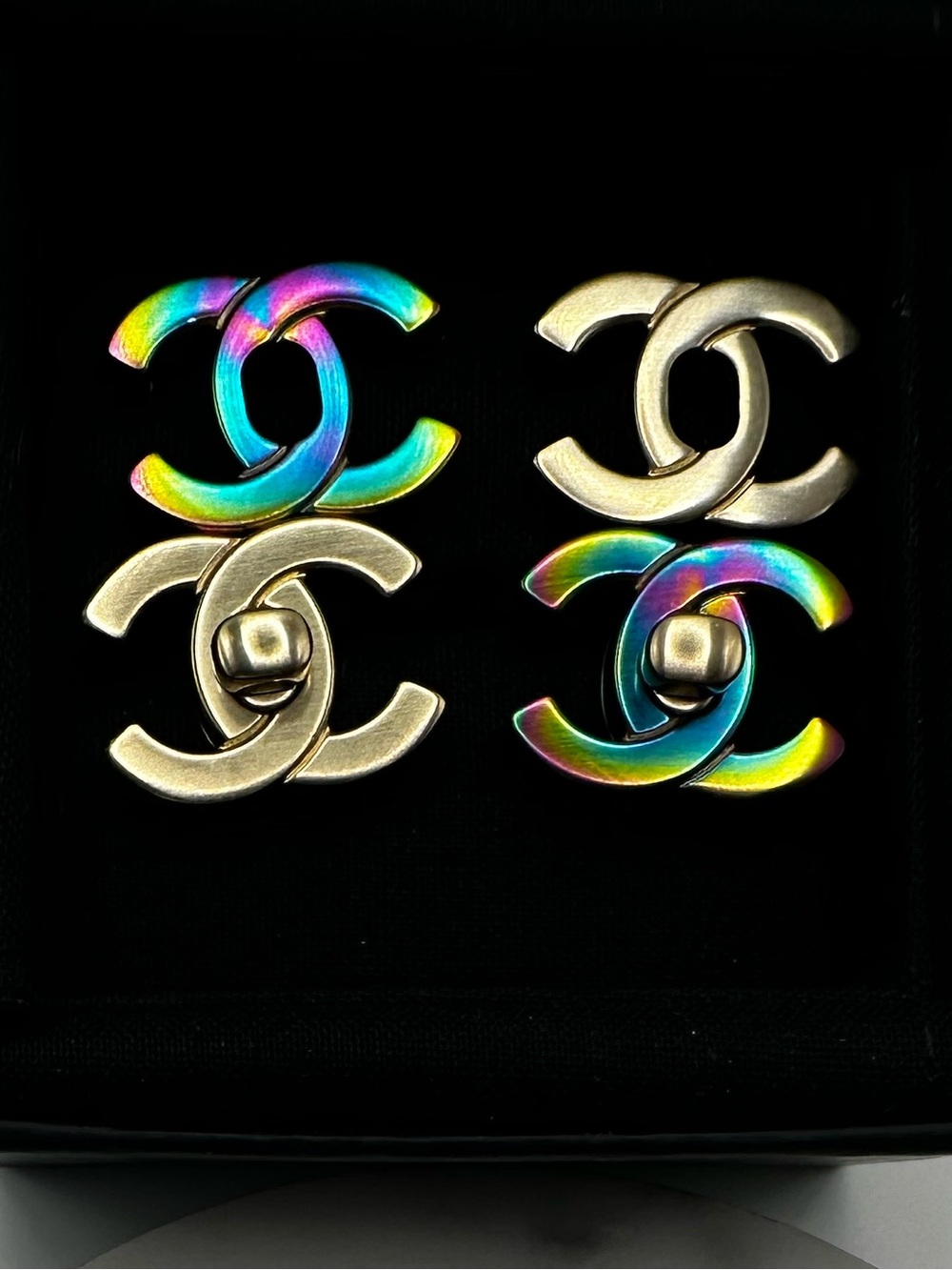 CHANEL Double CC Earrings in Gold and Rainbow Iridescent, interchangeable